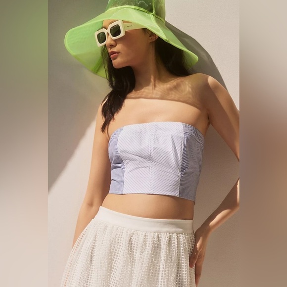 Pernille Rosenkilde Anthropologie Strapless Blue white stripe Crop Top Large NWT - Picture 1 of 14